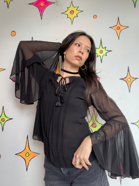 Vintage Black Bell Sleeve Top Goth Witchy Boho 90s Y2K Romantic Glam S/M