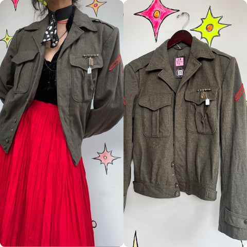 Vintage Military Green Embellished Uniform Grunge Fairy Boho Wool Bomber Jacket