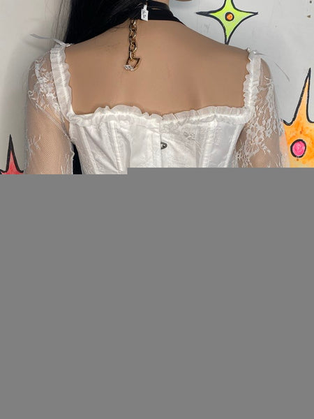 White Lace Corset Top | Fairy Grunge Medieval Balletcore Coquette Blouse – M