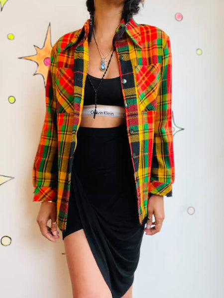 50s 60s Wool Flannel Jacket Colorful Red Green Yellow Clowncore Boho Grunge - M