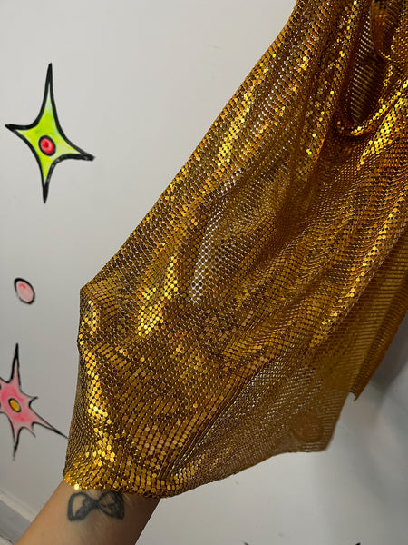Glam Y2K Gold Disco Mesh Chainmail Mini Dress Fairy Grunge Clubwear NYE Party