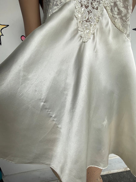 Ivory Satin & Lace Beaded Slip Dress Romantic Fairy Whimsy Grunge Mori Kei M