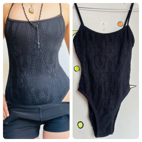 Vintage 90s Whimsy Goth Crochet Overlay Swimsuit / Bodysuit – Black – Size 4/6