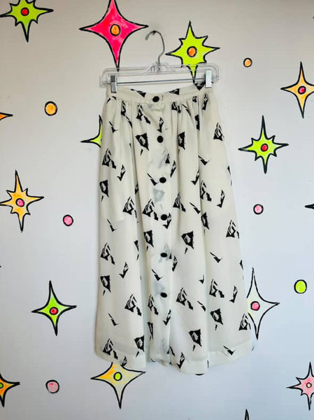 Vintage 70s/80s Boho Grunge Abstract Print Midi Skirt with Pockets – Small
