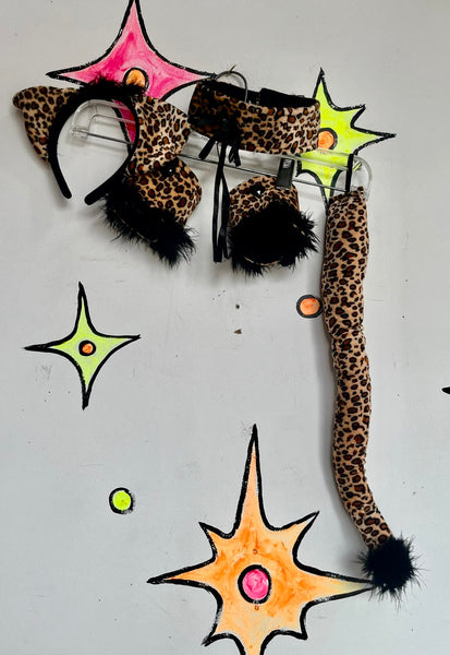 Plush Leopard Cat Costume Set Headband Collar Tail Cuffs Cosplay
