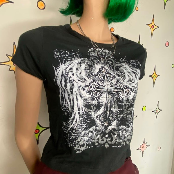 Y2K Hot Topic McBling Goth Tattoo Baby Tee Graphic Crop Top Black L