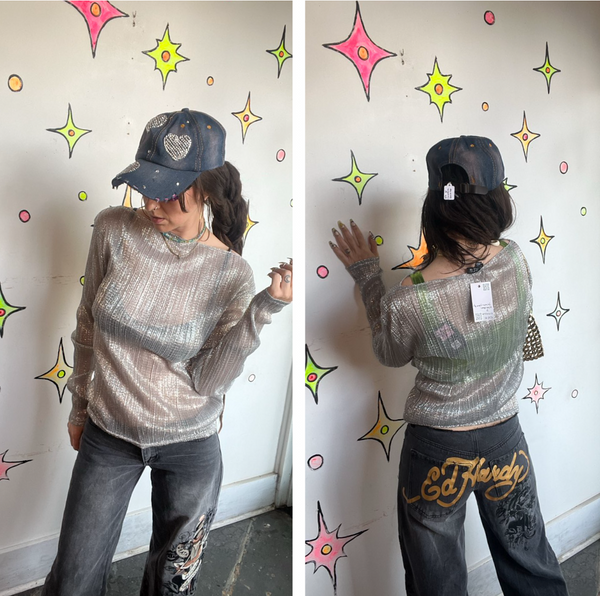 Y2K Cyber Glam Silver Sheer Metallic Mock Neck Top Galactic Disco Layering Top S