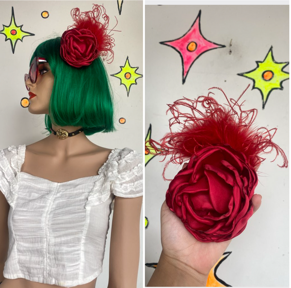 Red Rose Feather Hair Clip Goth Burlesque Rockabilly Flamenco Fascinator