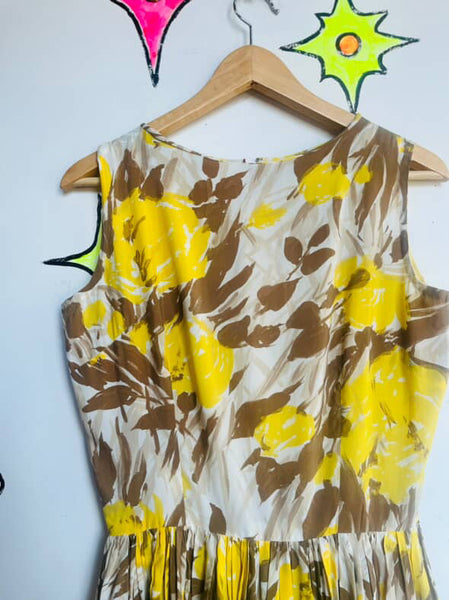 Vintage 1950s Yellow Rose Print Fit & Flare Dress Full Skirt Fairy Grunge | 5/6