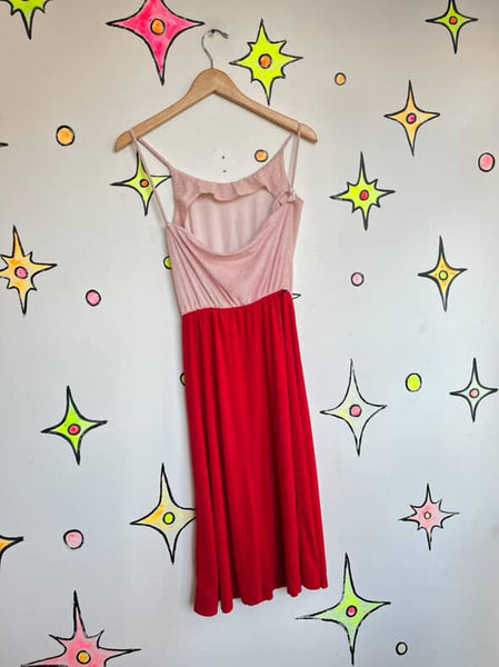 Retro 70s Pink & Red Terry Cloth Midi Dress – Soft Lounge Boho Resort Style S/M
