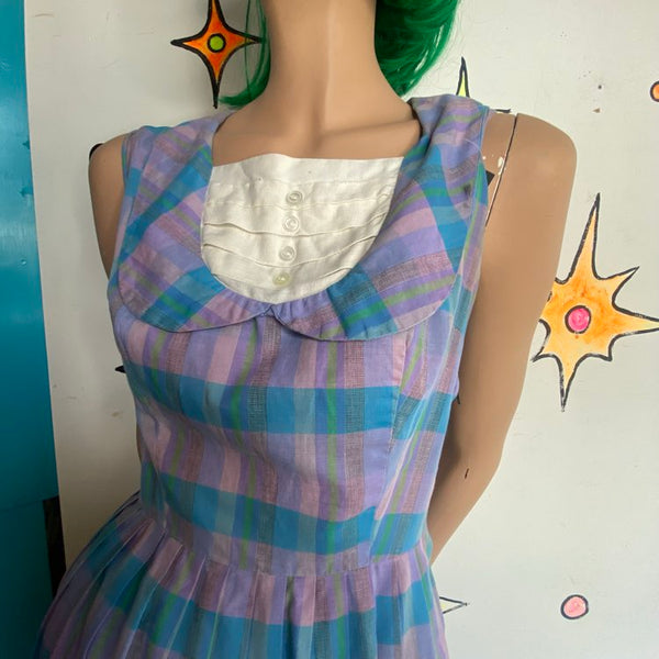 Vintage 50s Pastel Plaid Midi Dress Handmade Cotton Rockabilly Pin Up - Small