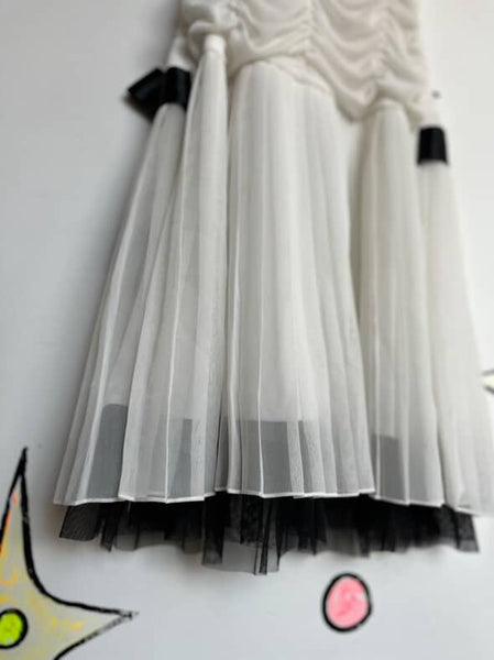 Y2K Ruched White & Black Bow Coquette Babydoll Mini Dress Flapper Fairycore XS-S