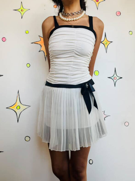 Y2K Ruched White & Black Bow Coquette Babydoll Mini Dress Flapper Fairycore XS-S