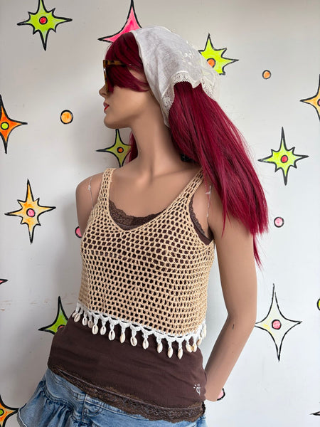 90s Beige Crochet Mermaidcore Crop Top Embellished Shells Fairy Grunge Boho S