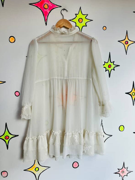 Vintage 90s Y2K Sheer White Ruffle Neck Pirate Victorian Dress Romantic Boho | M