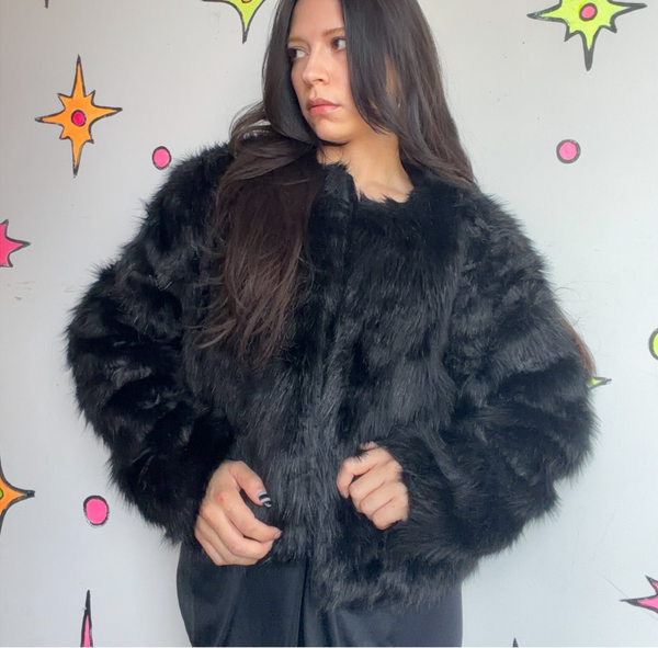 Vintage Black Vegan Fur Coat Glam Goth Femme Fatale Dramatic Evening Jacket L
