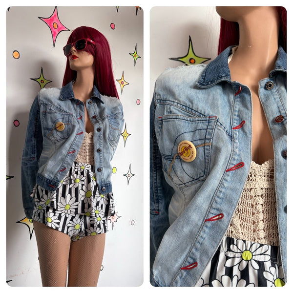 Vintage Y2K Ecko Denim Jacket Lightwash Distressed Embroidered Cyber Grunge M