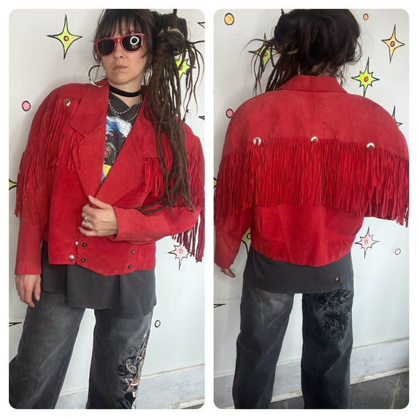 Vintage Red Suede Jacket 80s Cropped Fringe Leather Western Grunge L XL