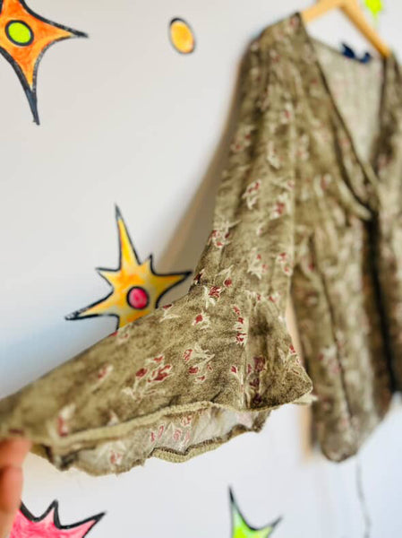 Vintage 80s 90s Boho Grunge Gauzy Fairy Grunge Boho Bell Sleeve Blouse Top | XL