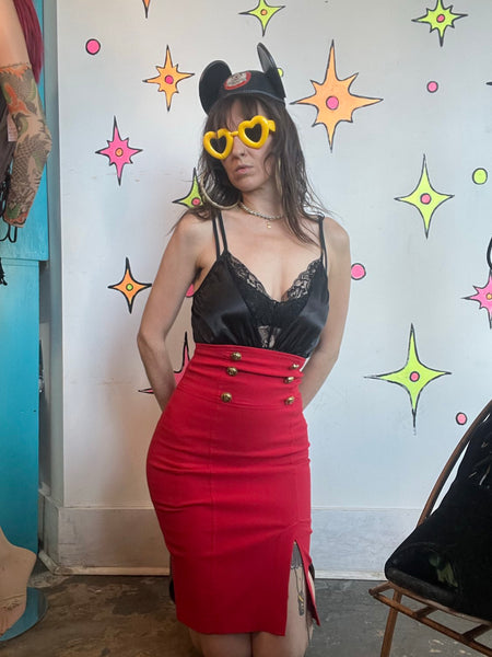 Y2K Red Pencil Skirt | Stretch Sailor Pin Up Secretary Office Siren Midi S