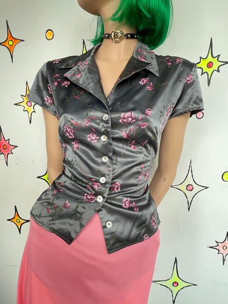 Vintage 90s Satin Floral Button Up Shirt Silver and Purple Fairy Grunge Blouse M