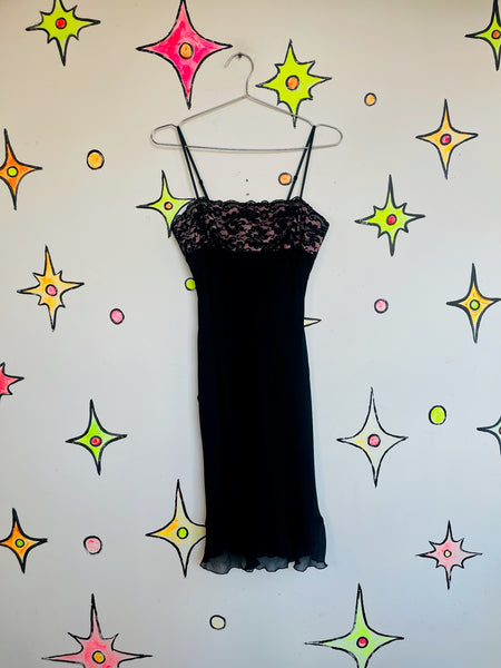 Vintage 90s Y2K Black Fairy Grunge Goth Babydoll Slip Dress w/ Pink & Lace – S
