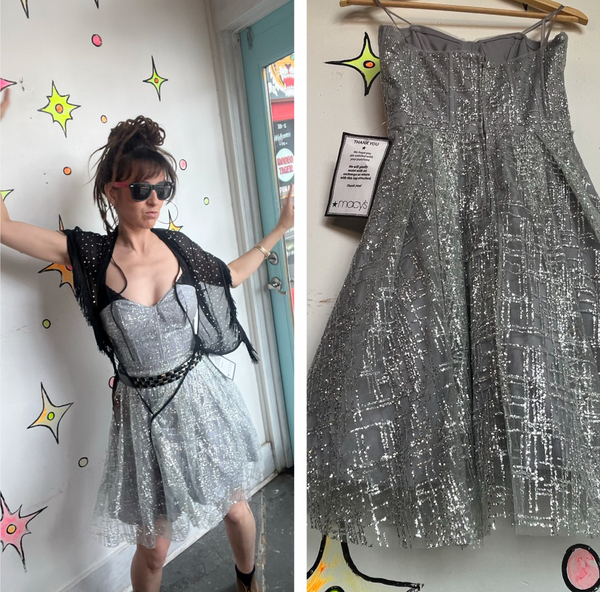 90s Blondie Nites Strapless Silver Glitter Cupcake Prom Dress Y2K Fit & Flare XS