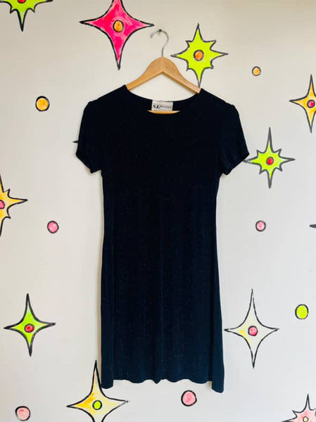Vintage 90s Fairy Grunge Black Glitter Mini Dress – Stretchy, Size 8, SL Petites