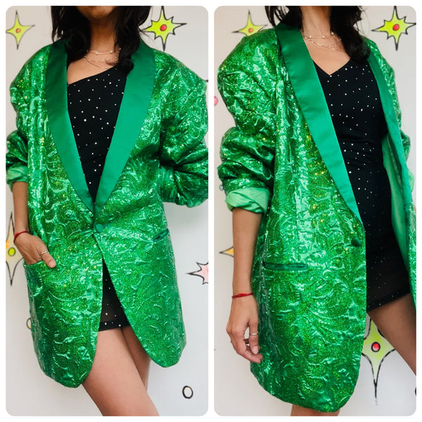 Vintage Metallic Green Glitter Disco Mens Tuxedo Smoking Jacket Sequin Blazer 3X
