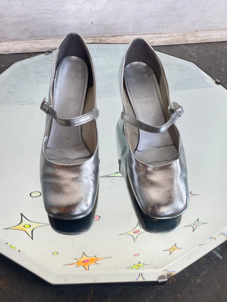 Vintage Silver Mary Jane Heels 20s Revival Flapper Shoes Art Deco Party Pumps 7