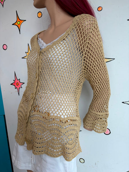 90s Prairie Beige Crochet Lace Cardigan Boho Western Whimsy Grunge | L