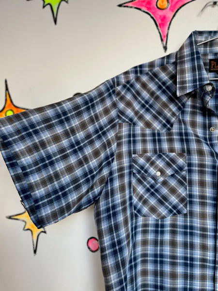 Vintage Blue Plaid Men's Western Lighweight Cotton Pearl Snap Shirt - Size L