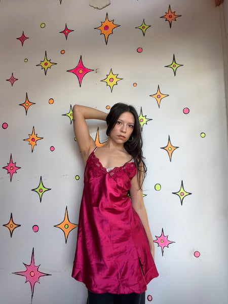 Vintage Red Satin Lace Slip Romantic 90s Lingerie Vampy Boudoir Dress M