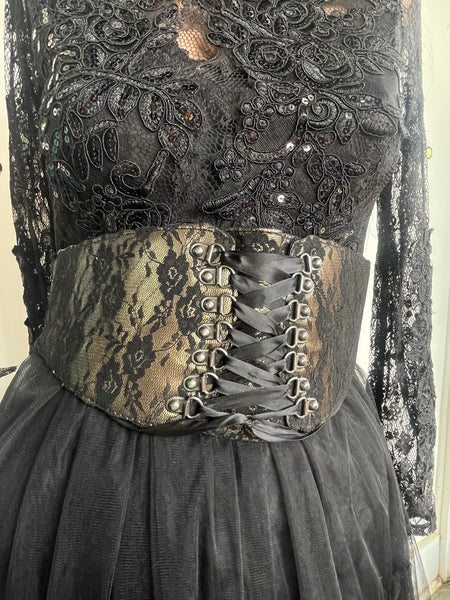 Black Gold Lace Waist Cincher Corset Belt Goth Glam Coquette Lace Up Waist Belt