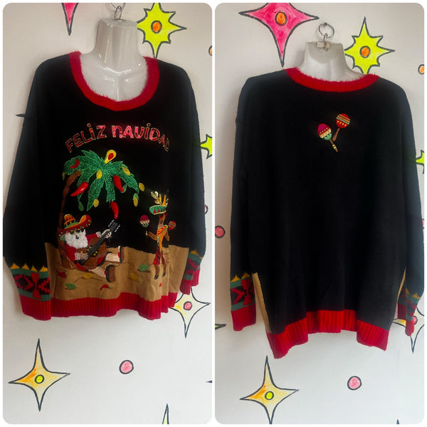 Vintage 90s Y2K | Feliz Navidad Tacky Ugly Embellished Christmas Sweater | 1X