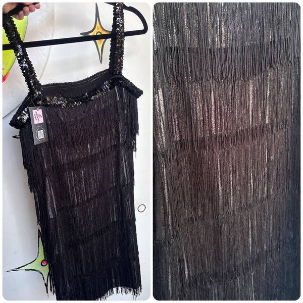 Silver & Black Sequin Fringe Flapper Dress Roaring 20s New Year's Disco Mini L