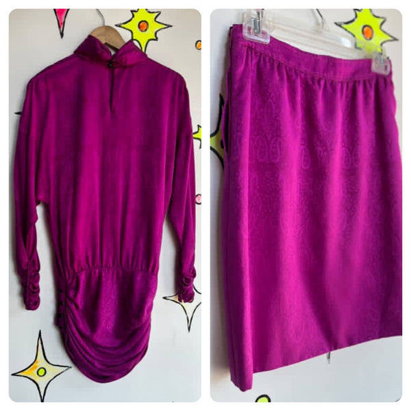 Vintage 1980s Glam Emanuel Ungaro Silk Fuchsia Paisley Ruched Dress Set - Small