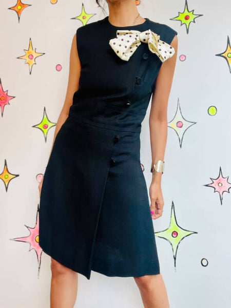 Vintage 60s 70s Black & White Mod GoGo Mini Dress Polka Dot Pussy Bow M
