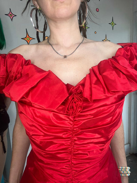 Vintage 80s Shiny Red Poofy Party Dress Prom Wild Glam New Wave Formal M