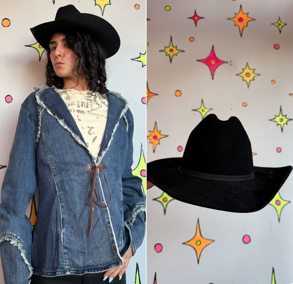 Black Western Wool Cowboy Hat Suede Look Ranch Cowboycore Fedora M/L