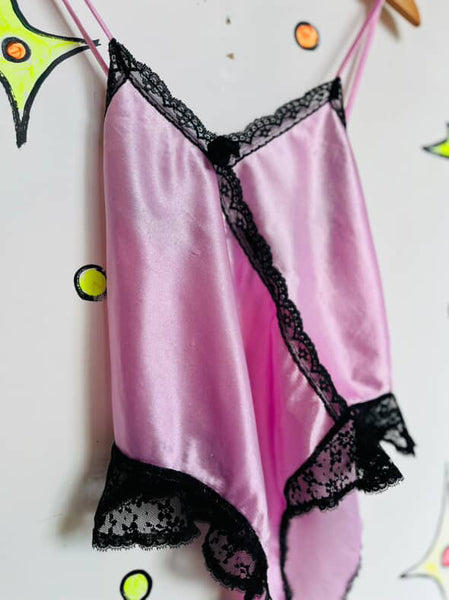 Vintage 80s Vamp Pink Satin & Black Lace Teddy Coquette Fairy Grunge Lingerie S