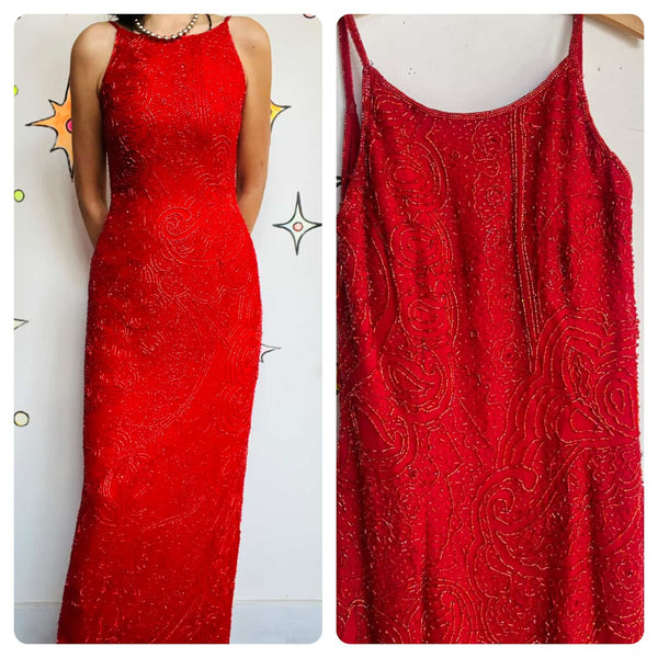 Vintage 80s 90s Cherry Red Fully Beaded Full-Length Glam Gown - S
