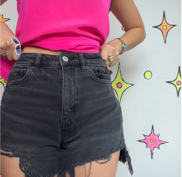 Vintage Black Denim Cutoff Shorts Thrashed Grunge Goth Y2K Low Rise S