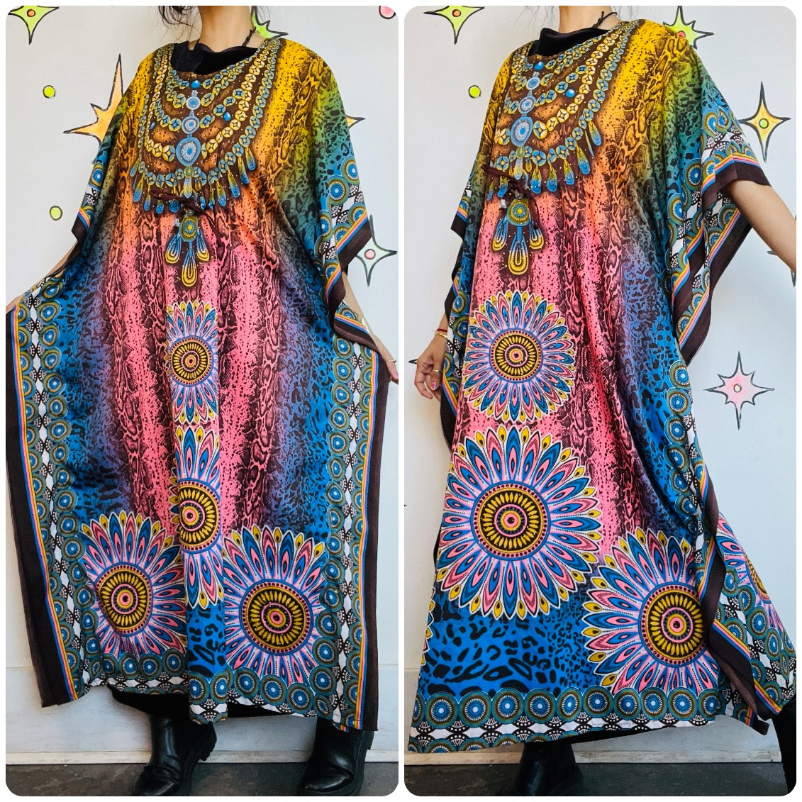 Vintage Y2K Boho Grunge Kaftan Psychedelic Rainbow Mumu – Festival Lounge Dress