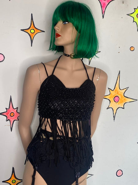 Black Beaded Cropped Bralette Bustier Top Sparkly Layering Piece Goth Glam S