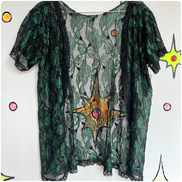 Vintage 70s 80s 90s Green & Black Fairy Grunge Babydoll Lace Boudoir Bed Jacket