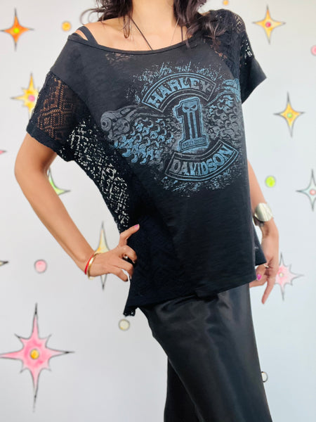 Vintage 90s Grunge Boho Harley Davidson Lace Trim Asymmetrical Sheer Top Tee XL
