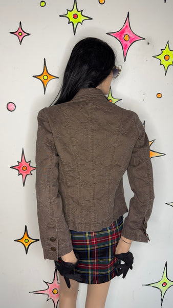 Brown Cropped Blazer Y2K Fairy Academia Embroidered Linen Feel - Preppy Glam M