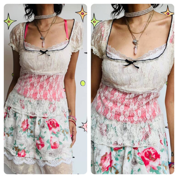 Vintage Y2K White Sheer Lace Rococo Babydoll Coquette Fairy Grunge Top Blouse L