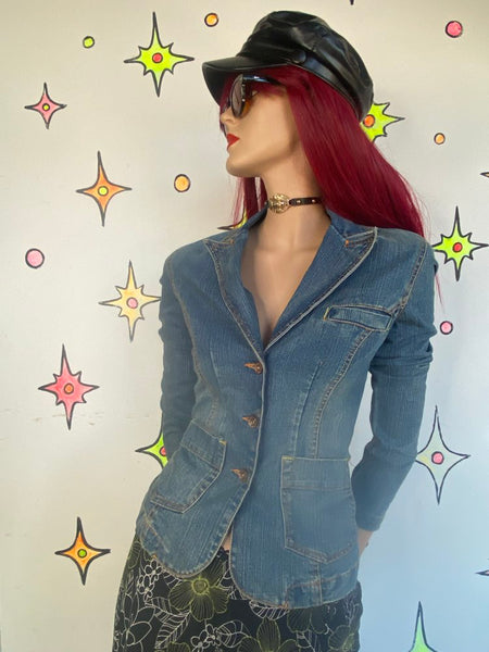 Y2K Fitted Denim Blazer Jacket Glo Brand 2000s Bratz Streetwear Casual S